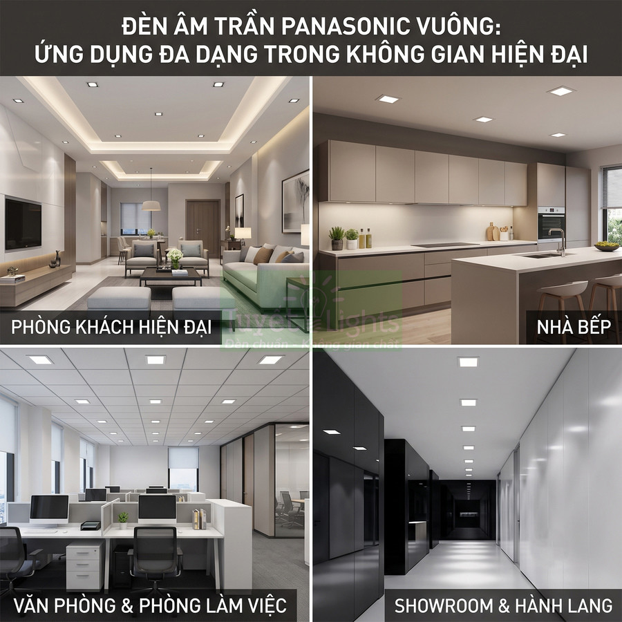 Đèn âm trần Panasonic vuông lắp đặt cho phòng khách, nhà bếp, văn phòng, showroom và hành lang hiện đại