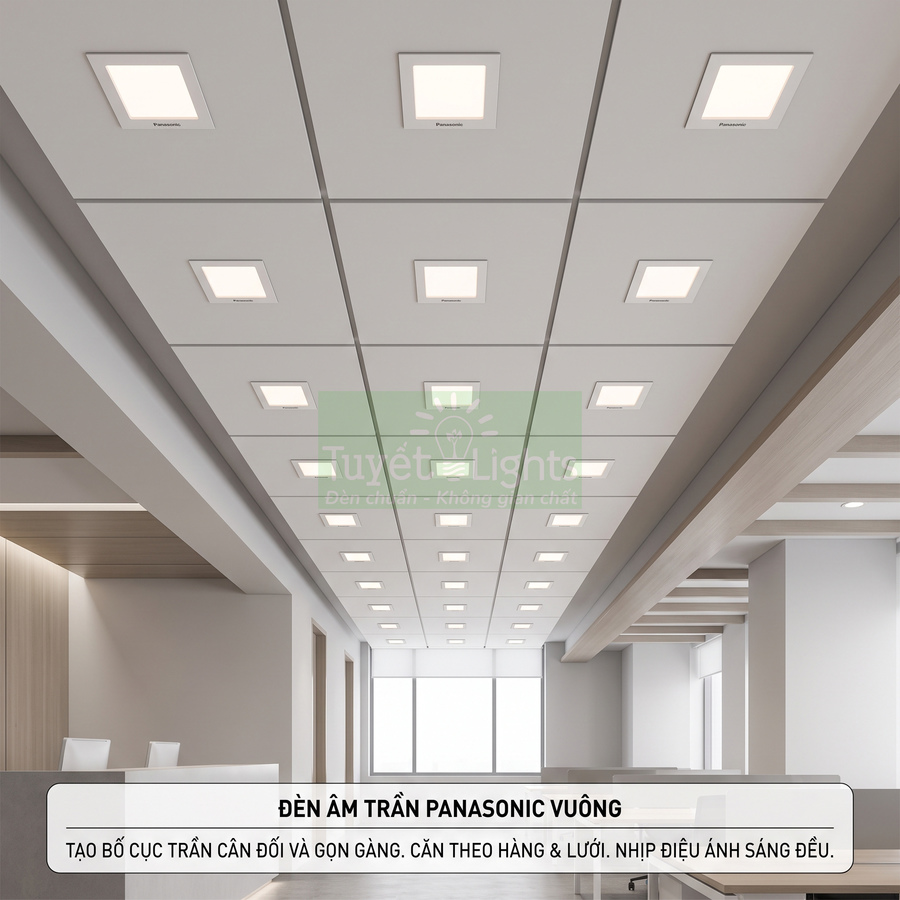 Đèn âm trần Panasonic vuông lắp đặt theo hàng trên trần văn phòng hiện đại, ánh sáng trắng đồng đều