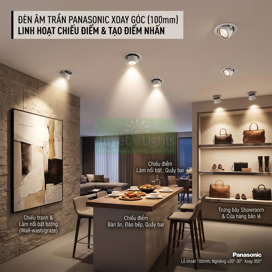 Đèn âm trần Panasonic xoay góc chiếu điểm cho phòng bếp, phòng khách và trưng bày showroom hiện đại