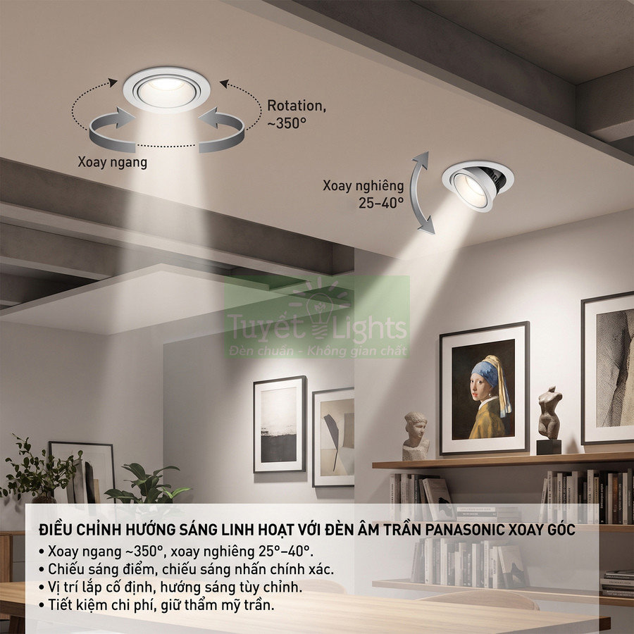 Đèn âm trần Panasonic xoay góc chiếu sáng linh hoạt cho phòng khách hiện đại