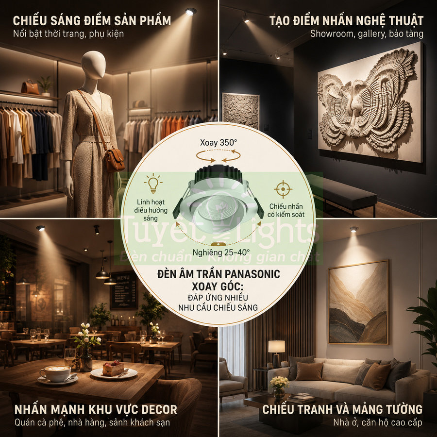 Đèn âm trần Panasonic xoay góc chiếu sáng điểm cho cửa hàng thời trang, quán cà phê và phòng khách cao cấp