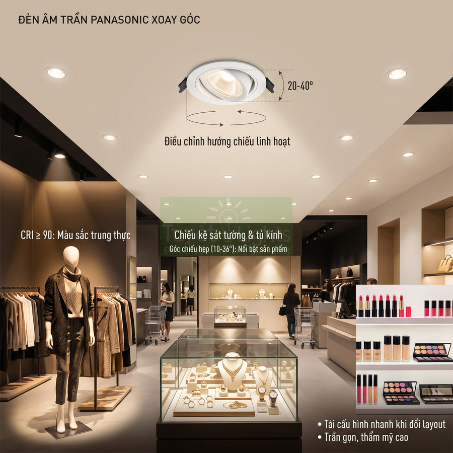 Đèn âm trần Panasonic xoay góc chiếu sáng cửa hàng thời trang và tủ trưng bày sản phẩm