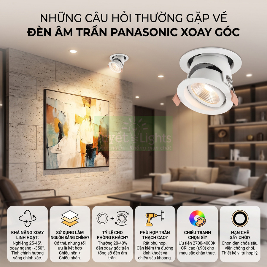 Đèn âm trần Panasonic xoay góc chiếu sáng phòng khách hiện đại với tranh treo tường và nội thất sang trọng