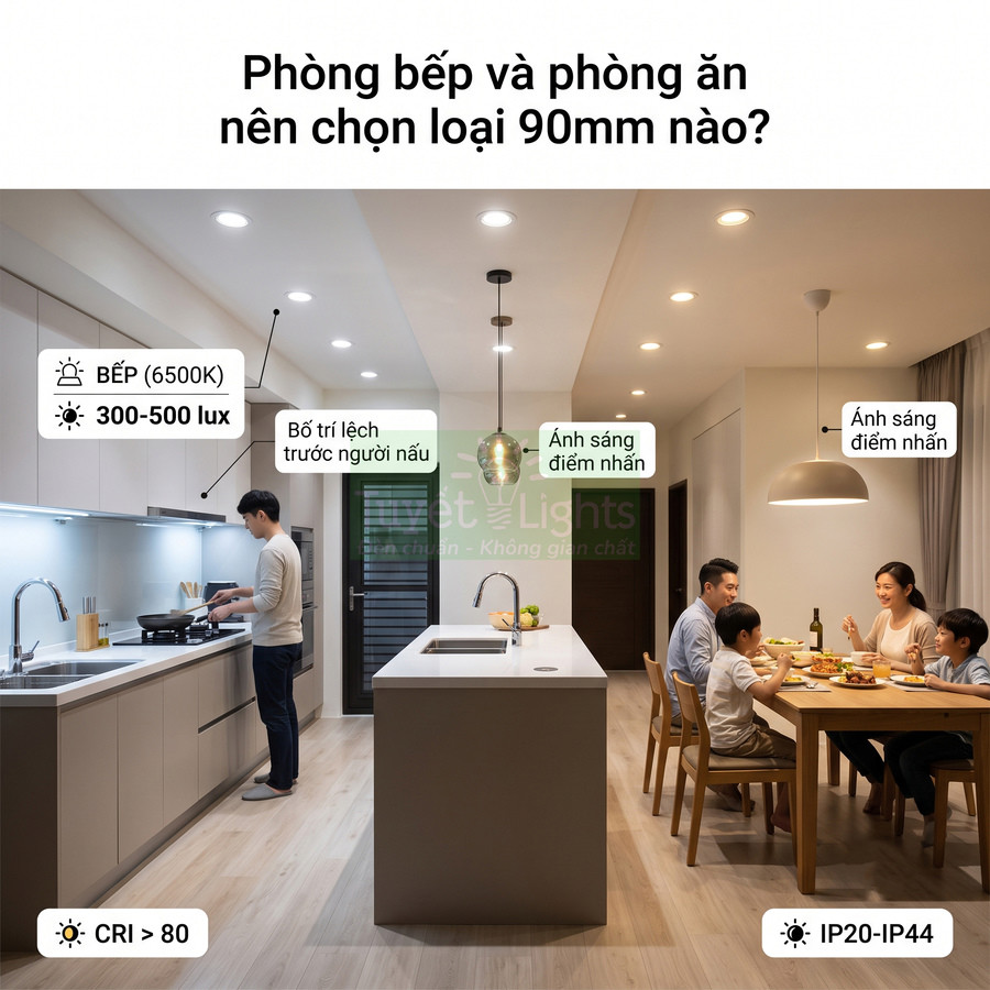 Đèn âm trần 90mm chiếu sáng phòng bếp và phòng ăn hiện đại, gia đình quây quần dùng bữa