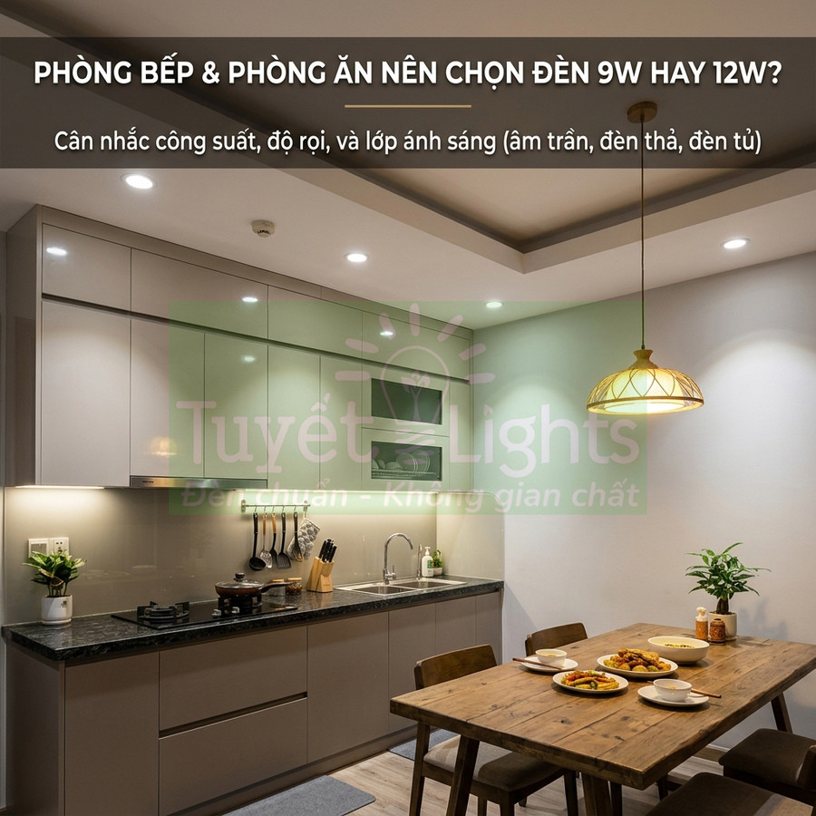 Đèn LED âm trần và đèn thả trang trí chiếu sáng phòng bếp và phòng ăn hiện đại