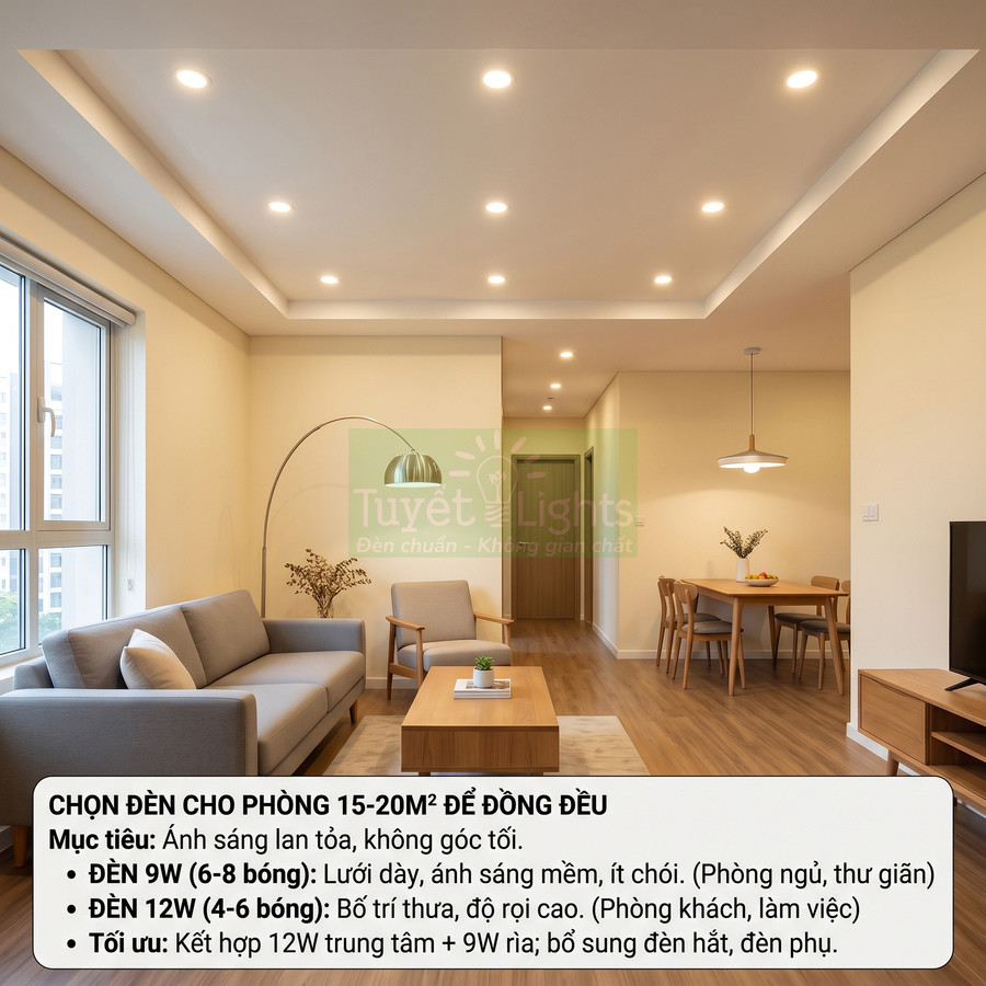 Đèn âm trần Tuyết Lights chiếu sáng phòng khách và phòng ăn căn hộ hiện đại 15 20m2