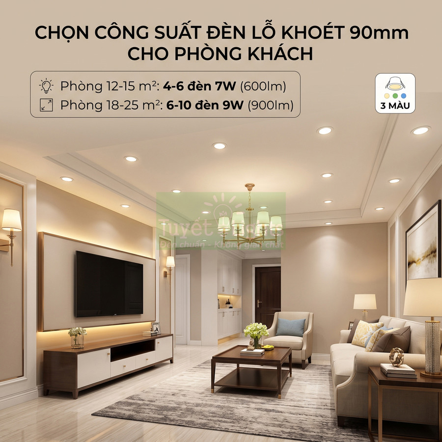 Đèn âm trần lỗ khoét 90mm chiếu sáng phòng khách hiện đại tông màu vàng ấm
