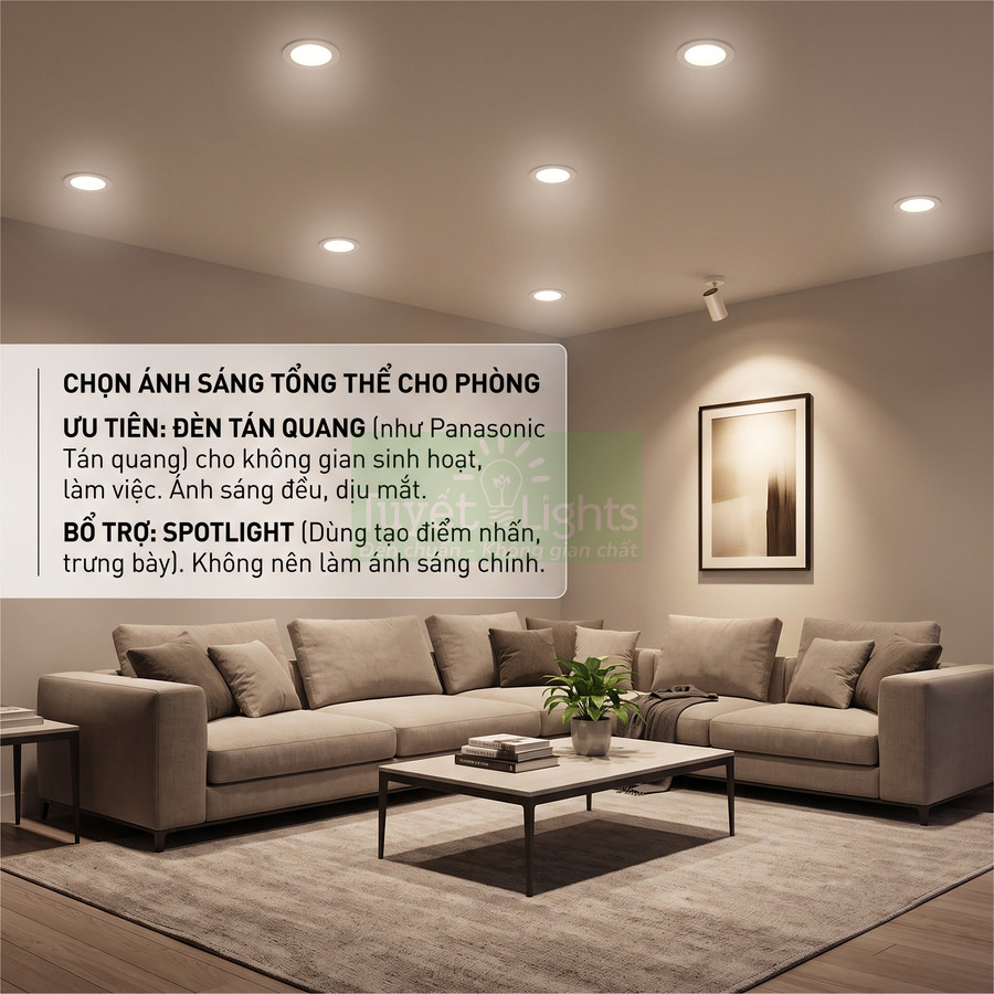 Phòng khách hiện đại dùng đèn âm trần tán quang Panasonic chiếu sáng dịu, kết hợp sofa và bàn trà sáng màu