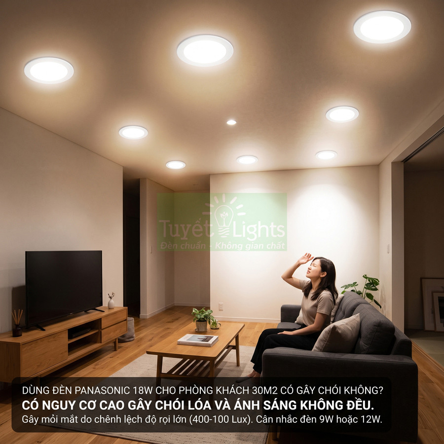 Đèn âm trần Panasonic 18W chiếu sáng phòng khách hiện đại, ánh sáng mạnh gây chói mắt người ngồi trên sofa