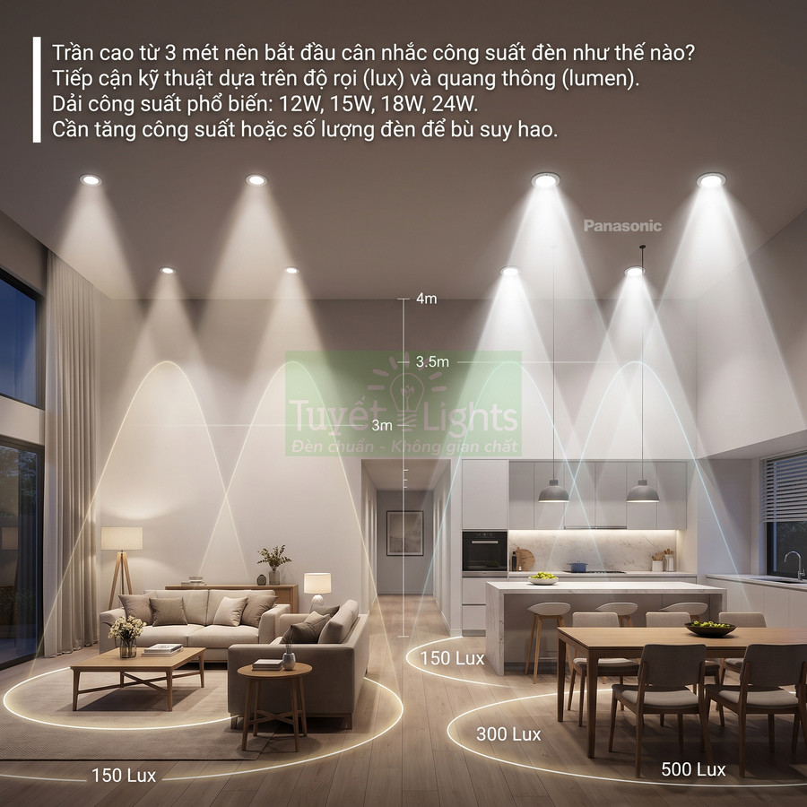 Đèn LED âm trần Panasonic chiếu sáng phòng khách và bếp trần cao 3 đến 4 mét với các mức độ rọi lux khác nhau