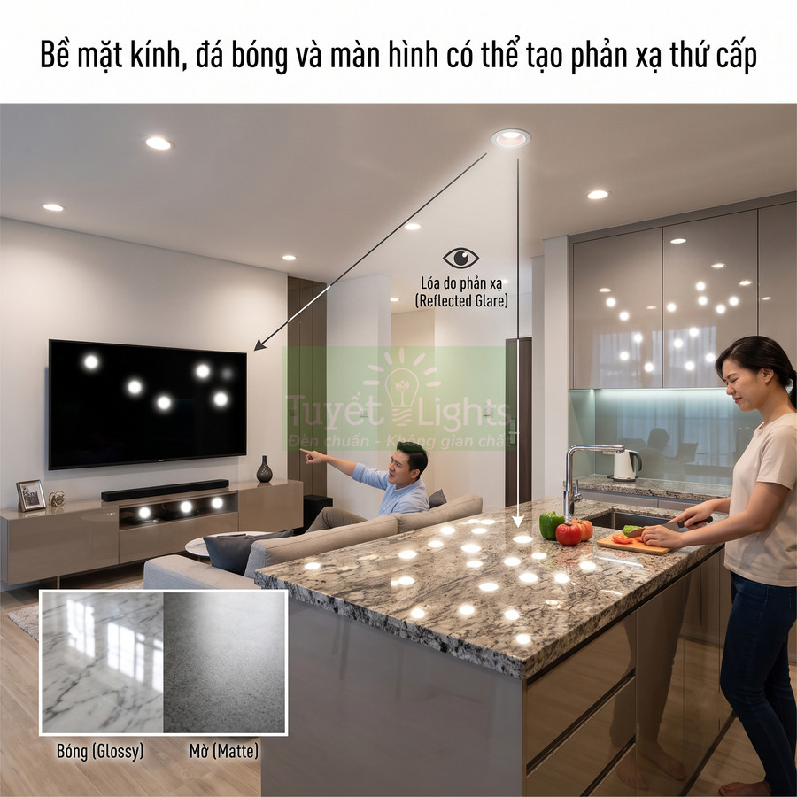 Đèn âm trần Tuyết Lights chiếu sáng phòng khách và bếp, phản xạ trên mặt đá bóng và màn hình tivi