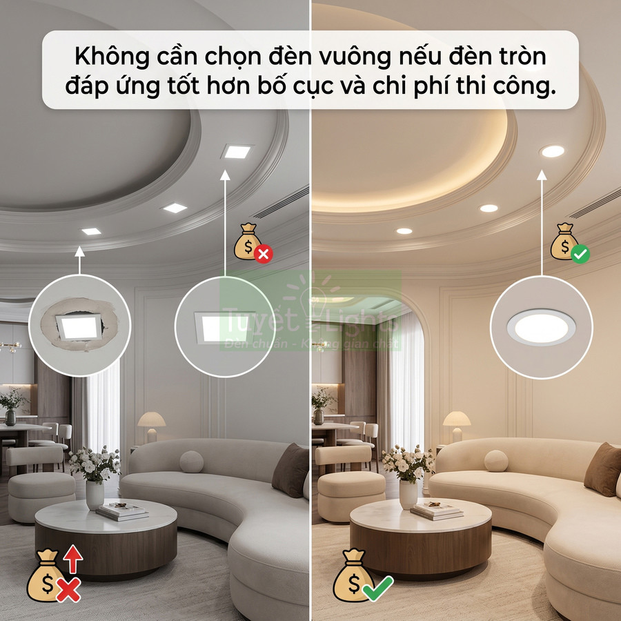 So sánh trần phòng khách dùng đèn âm trần vuông và đèn âm trần tròn tối ưu bố cục và chi phí thi công