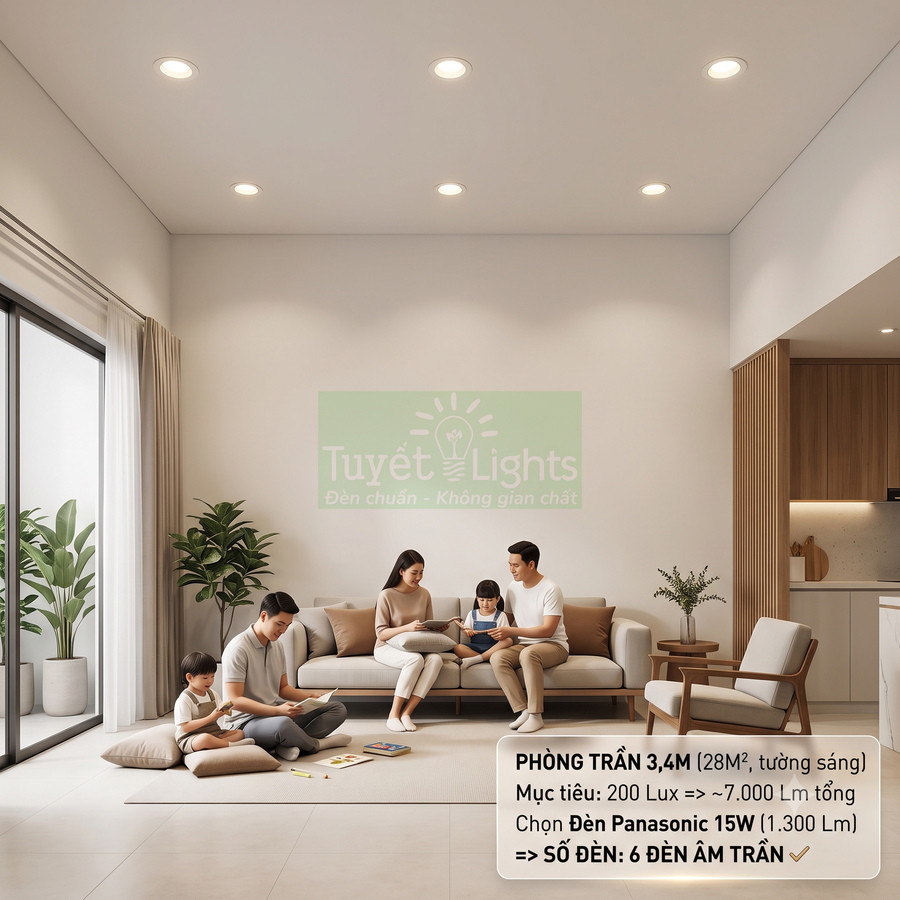 Đèn âm trần Panasonic 15W chiếu sáng phòng khách hiện đại với gia đình bốn người ngồi đọc sách