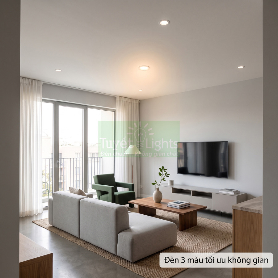 Đèn âm trần Turret Lights 3 màu chiếu sáng phòng khách hiện đại với sofa và kệ tivi
