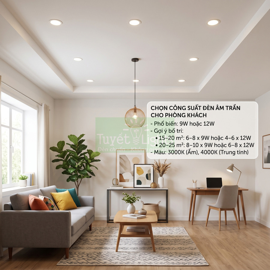 Phòng khách hiện đại sử dụng nhiều đèn âm trần LED công suất 9W 12W chiếu sáng đều không gian