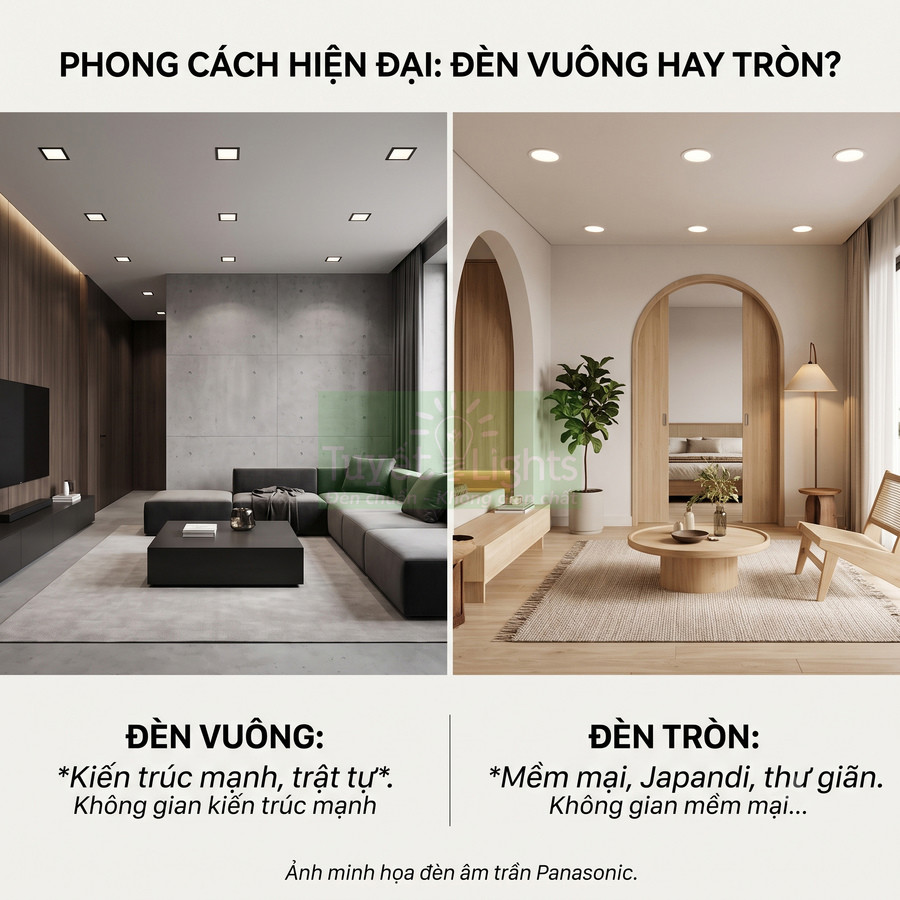 So sánh phòng khách dùng đèn âm trần vuông và đèn âm trần tròn Panasonic trong phong cách hiện đại