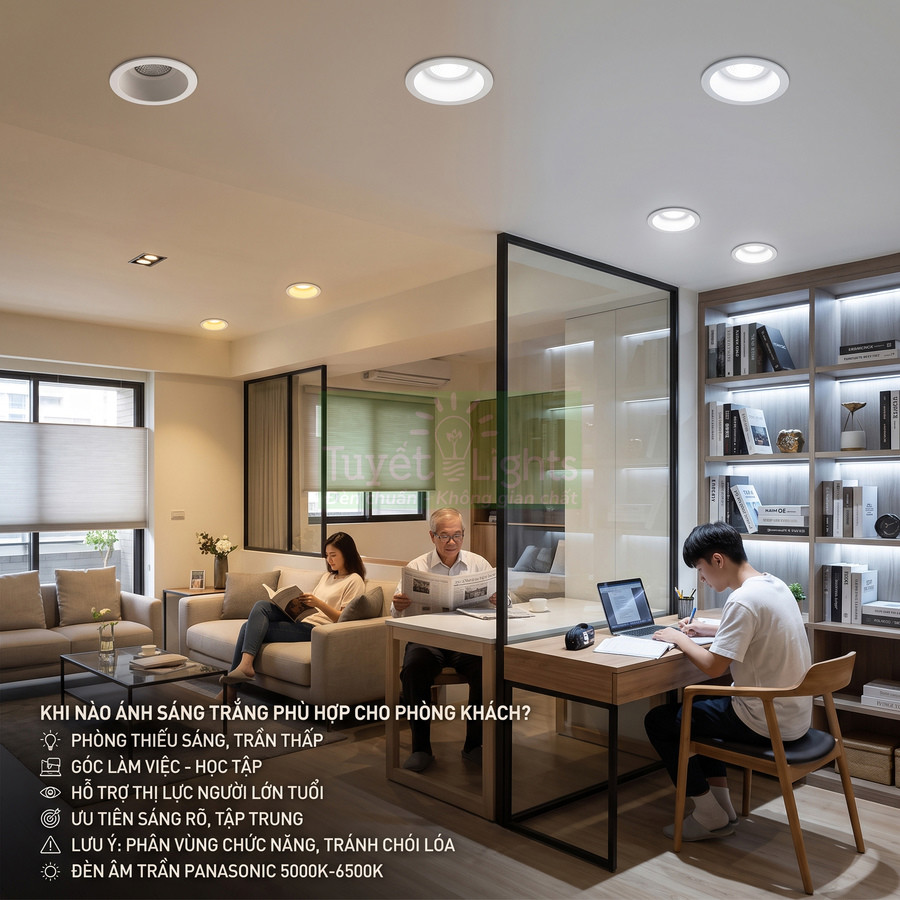 Đèn âm trần Panasonic ánh sáng trắng cho phòng khách và góc làm việc hiện đại, hỗ trợ đọc sách và học tập