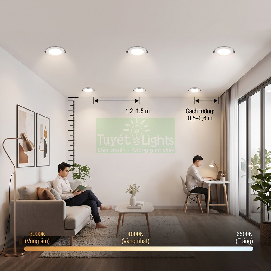 Đèn downlight âm trần Tuyết Lights chiếu sáng phòng khách và góc làm việc với các mức nhiệt màu 3000K 4000K 6500K