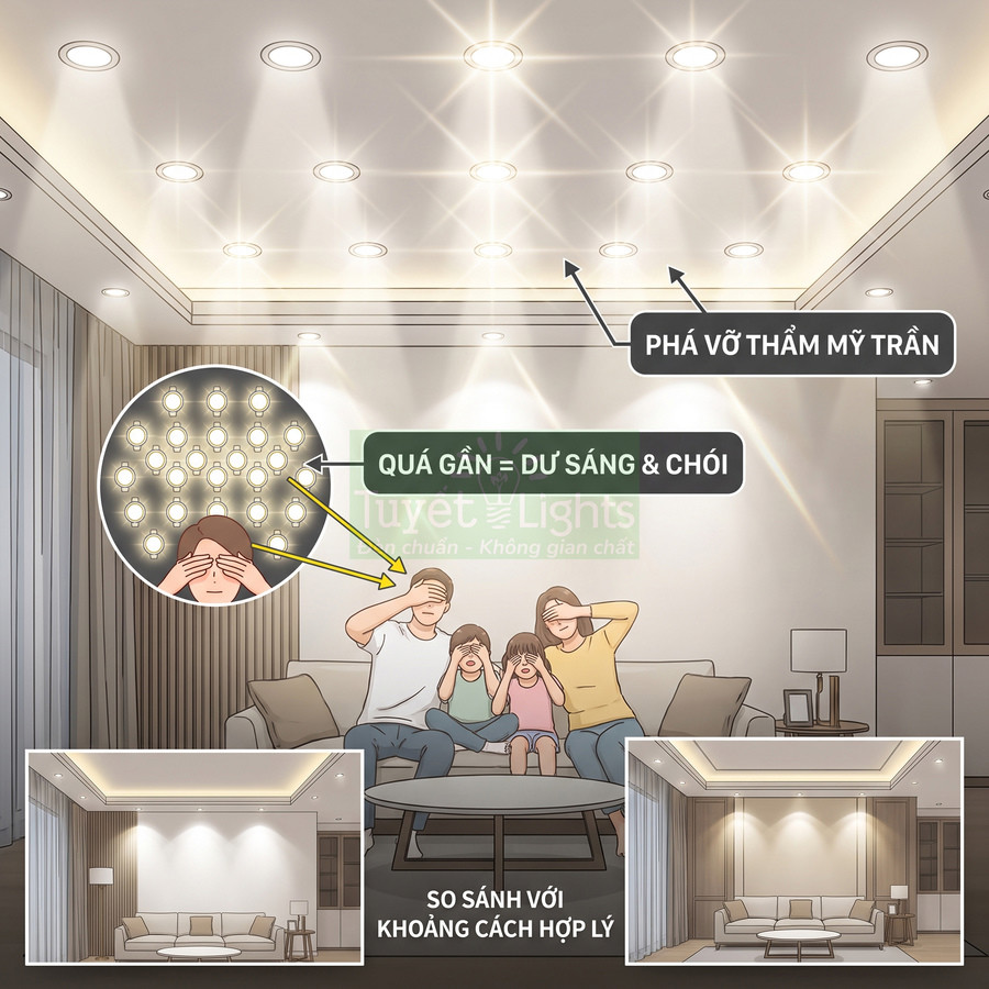 Phòng khách lắp quá nhiều đèn led âm trần gây chói mắt, so sánh với bố trí đèn trần khoảng cách hợp lý