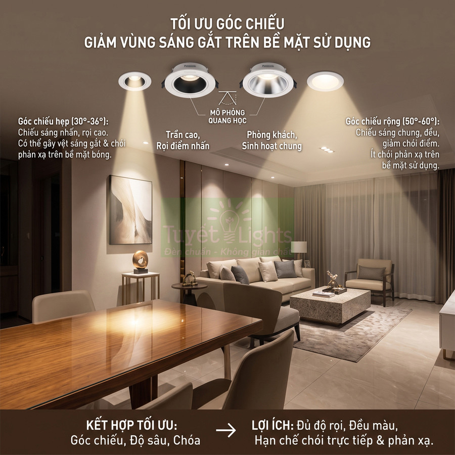 Đèn downlight âm trần Tuyết Lights chiếu sáng phòng khách và bàn ăn hiện đại, giảm chói và phân bố ánh sáng đều