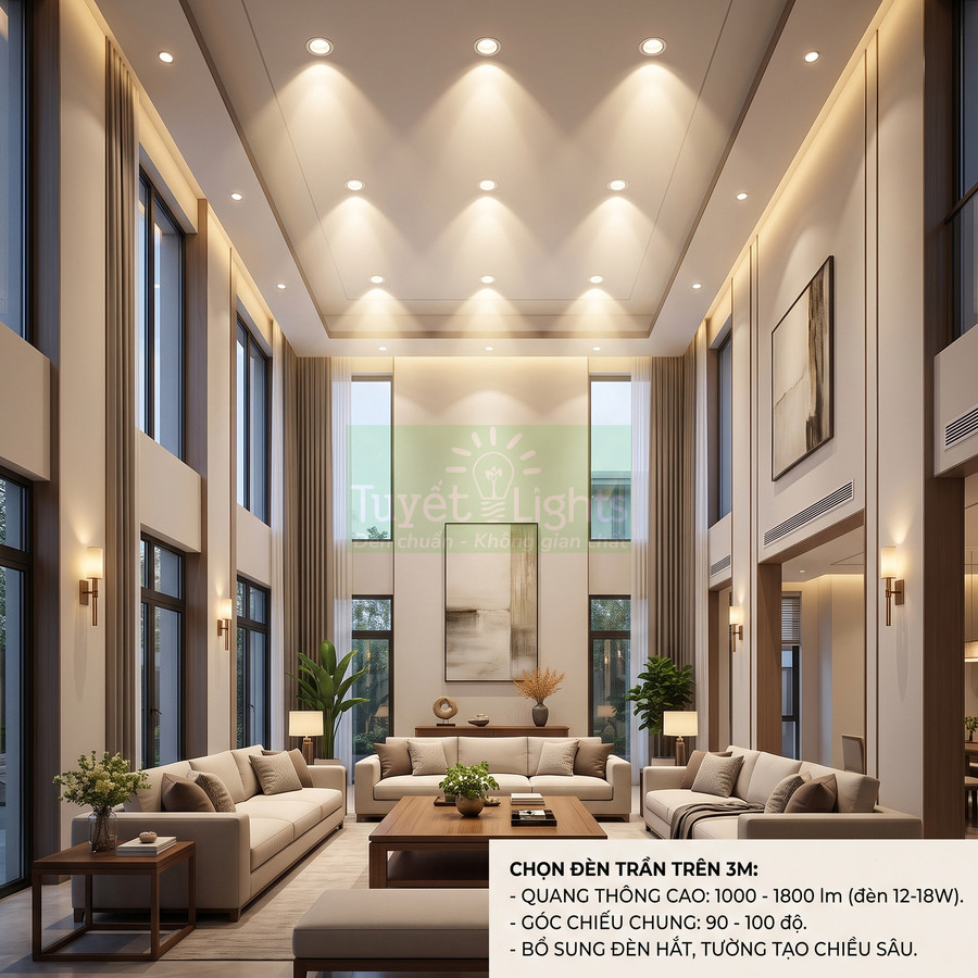 Đèn trần âm trần Tuyết Lights chiếu sáng phòng khách trần cao hiện đại với bộ sofa và nội thất sang trọng