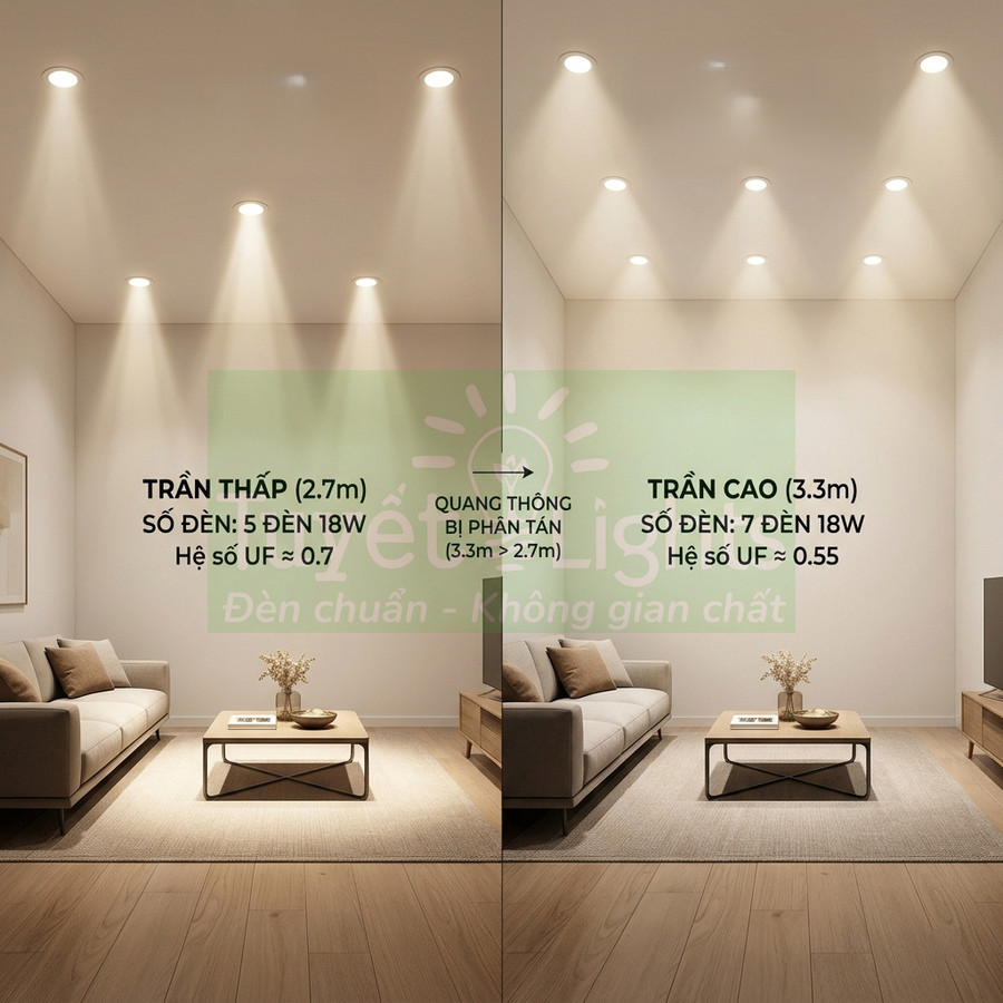 Phòng khách hiện đại với đèn downlight âm trần so sánh trần thấp và trần cao