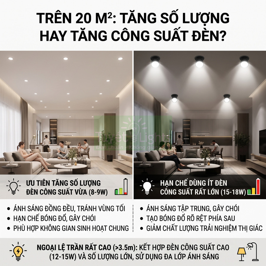 Phòng khách hiện đại dùng nhiều đèn LED âm trần công suất vừa cho ánh sáng đều, hạn chế bóng tối