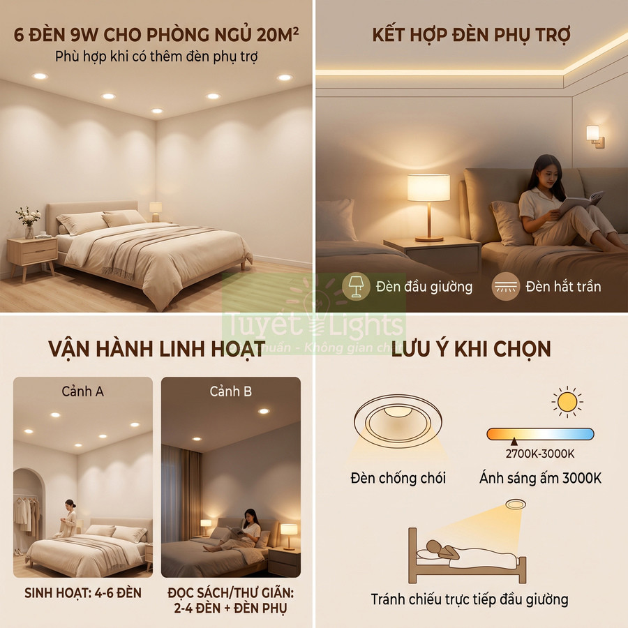 Đèn âm trần phòng ngủ 20m2 ánh sáng vàng ấm kết hợp đèn đầu giường và đèn hắt trần tạo không gian thư giãn