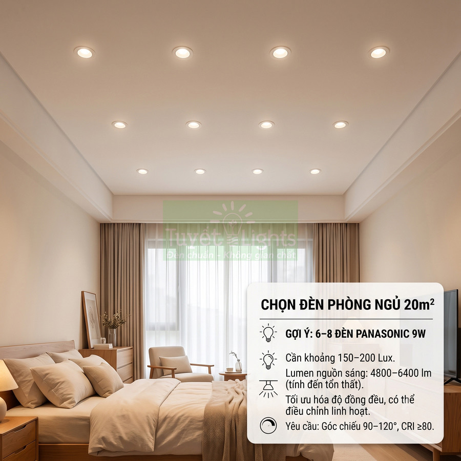 Đèn âm trần Panasonic 9W lắp cho phòng ngủ 20m2 ánh sáng vàng ấm hiện đại