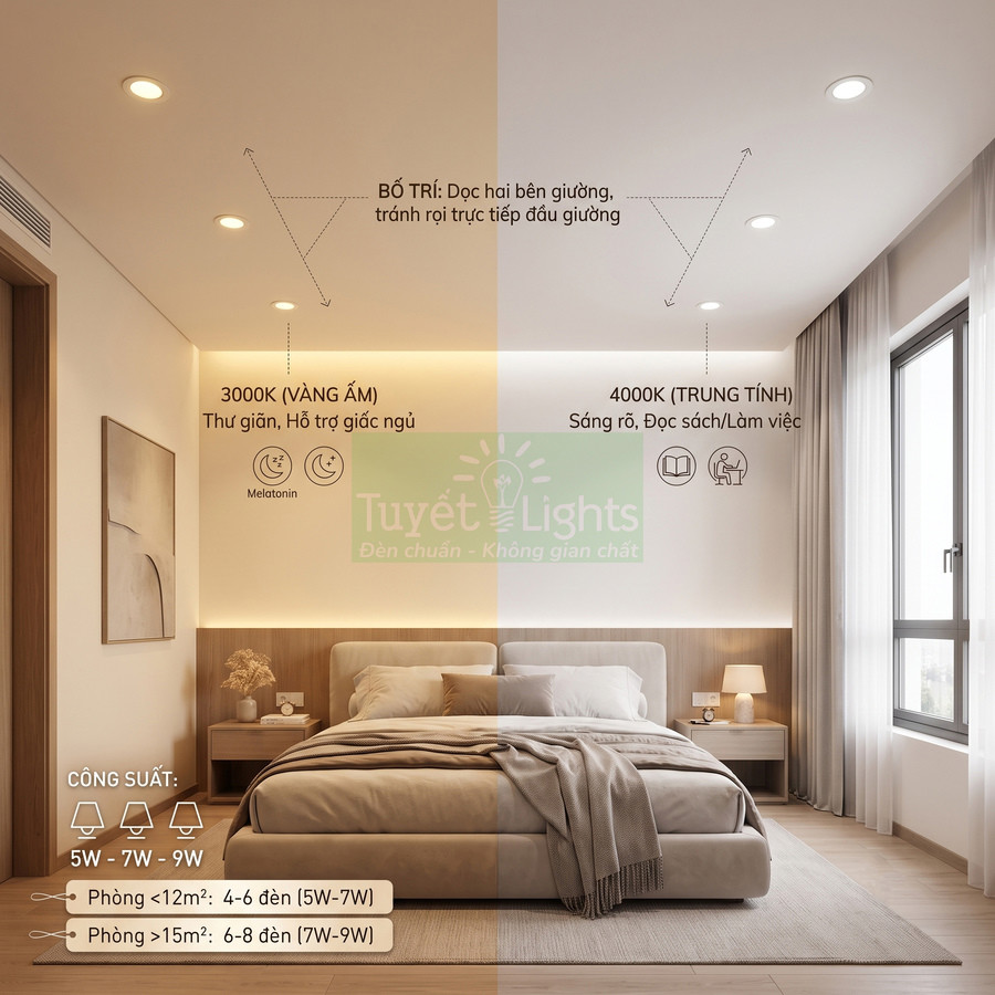 Đèn âm trần Tuyết Lights 3000K và 4000K lắp phòng ngủ hiện đại, chiếu sáng hai bên giường ngủ