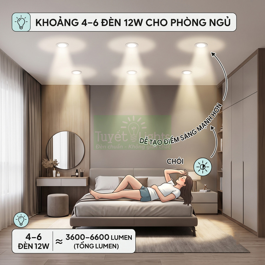 Đèn led âm trần 12W chiếu sáng phòng ngủ hiện đại với 4 đến 6 đèn trên trần nhà