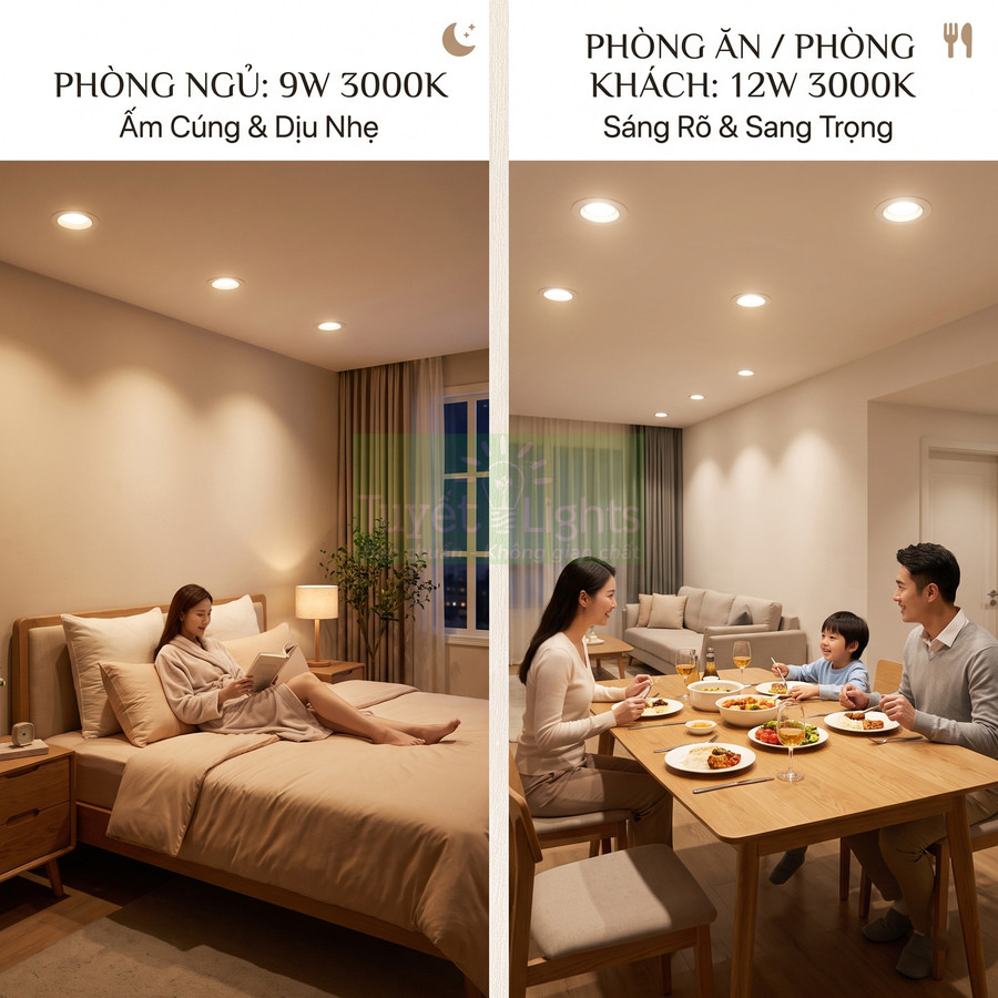 Đèn led âm trần 3000K chiếu sáng phòng ngủ 9W ấm áp và phòng ăn phòng khách 12W sáng rõ sang trọng