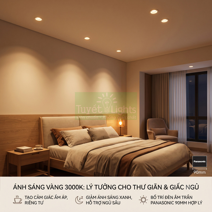 Phòng ngủ ấm áp sử dụng đèn âm trần Panasonic ánh sáng vàng 3000K tạo không gian thư giãn
