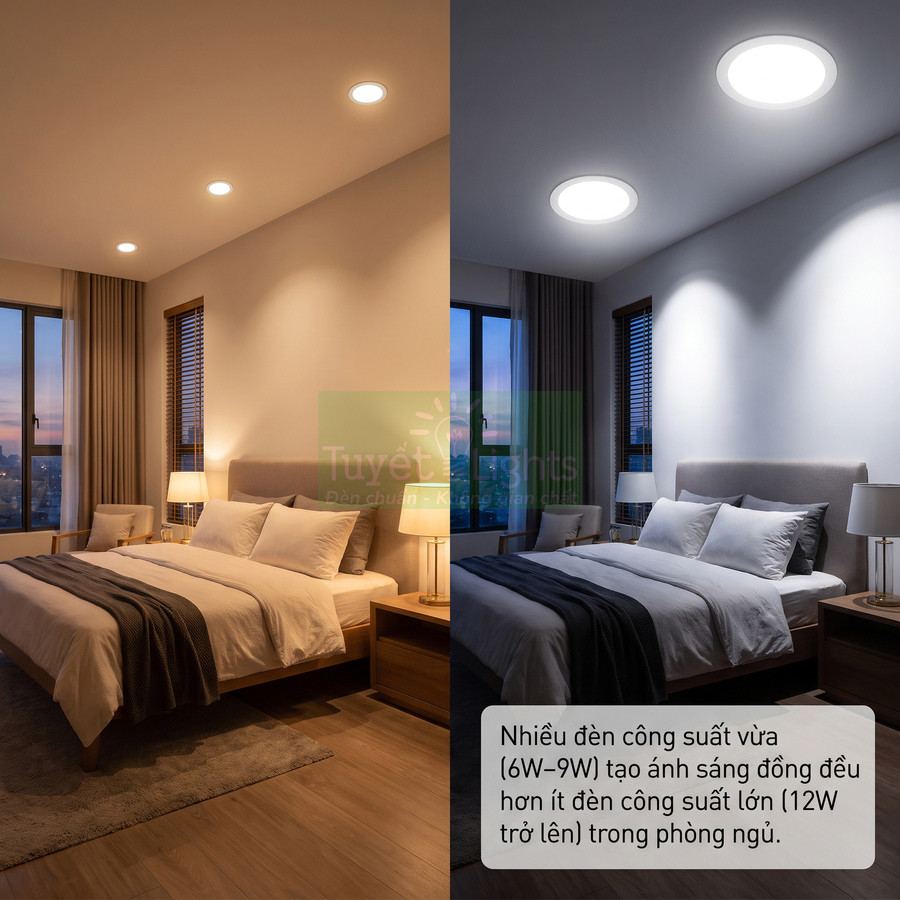 So sánh ánh sáng đèn âm trần công suất vừa và lớn trong phòng ngủ giường đôi hiện đại