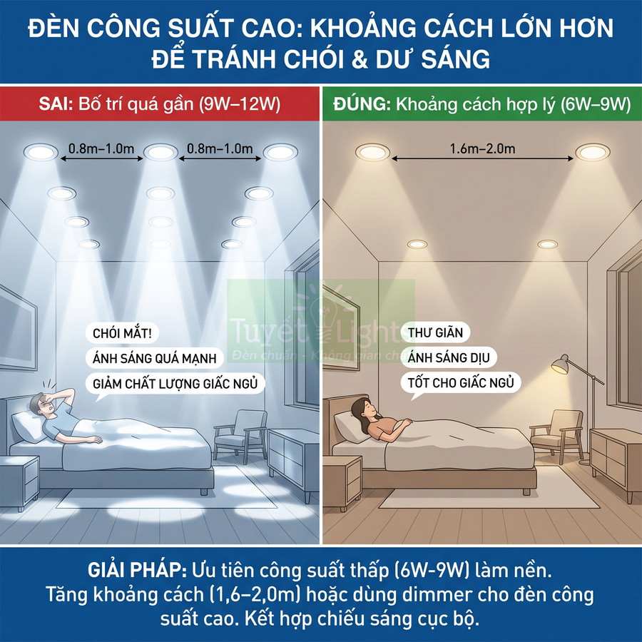 Hướng dẫn bố trí đèn âm trần công suất cao trong phòng ngủ để tránh chói mắt và cải thiện giấc ngủ