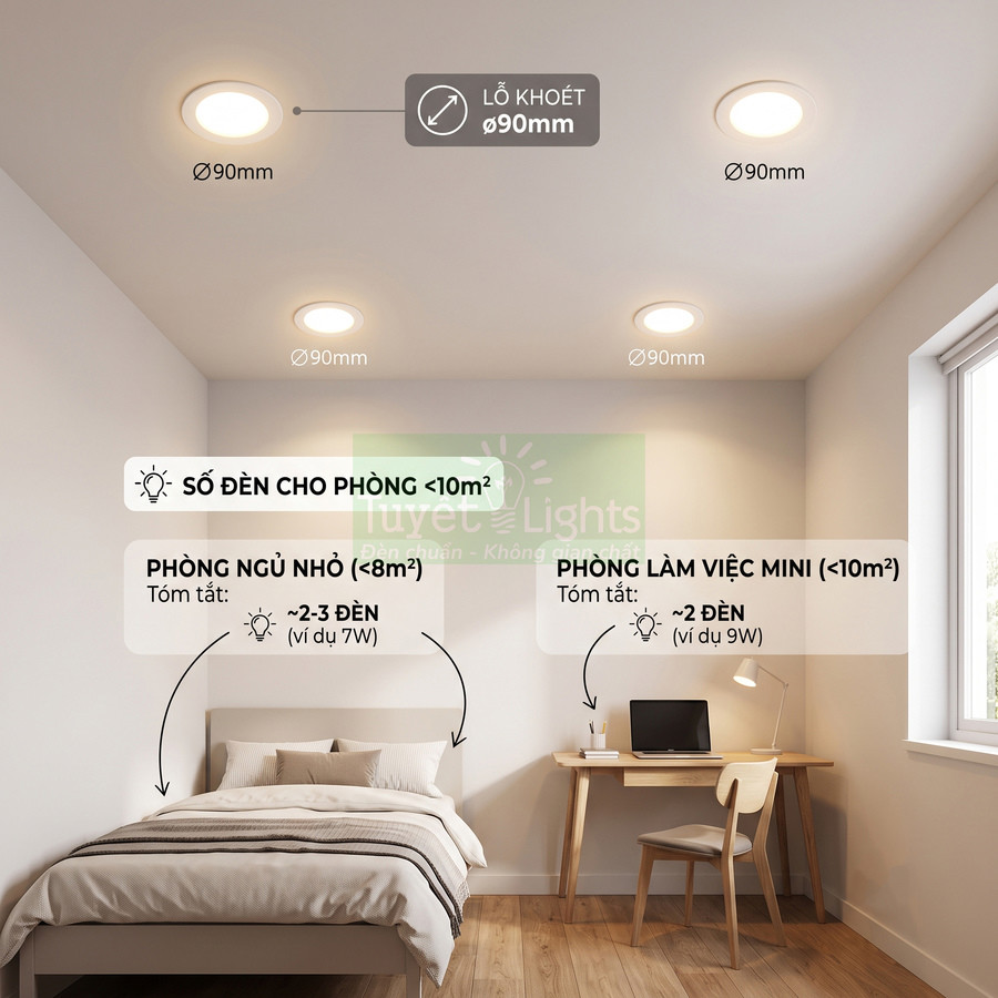 Đèn led âm trần tròn 90mm lắp trong phòng ngủ nhỏ và góc làm việc mini dưới 10m2
