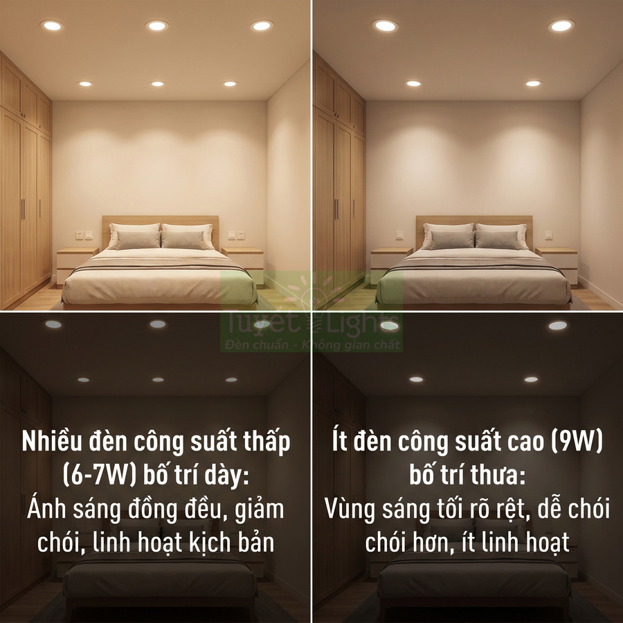 So sánh phòng ngủ dùng nhiều đèn âm trần công suất thấp và ít đèn âm trần công suất cao