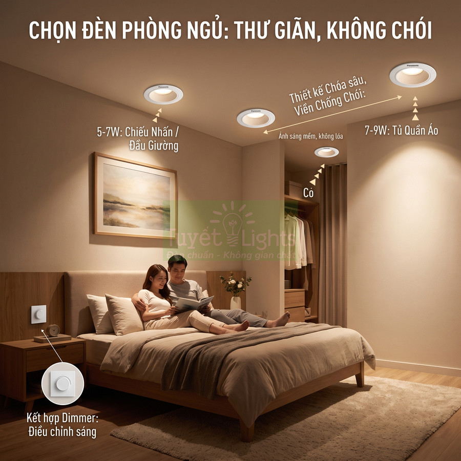 Đèn downlight Panasonic phòng ngủ ánh sáng ấm chống chói, có dimmer điều chỉnh độ sáng cho giường và tủ quần áo
