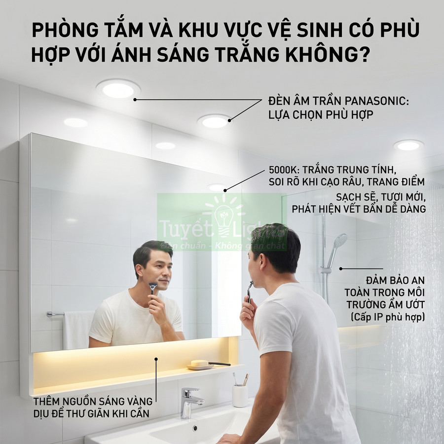 Đèn âm trần Panasonic chiếu sáng trắng trong phòng tắm, người đàn ông soi gương cạo râu dưới ánh đèn LED