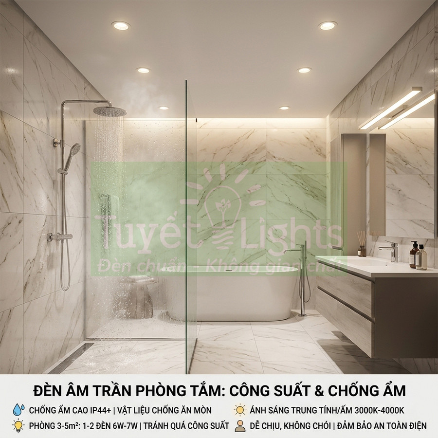 Đèn âm trần chống ẩm Tuyết Lights lắp trong phòng tắm đá marble hiện đại với vòi sen và bồn tắm