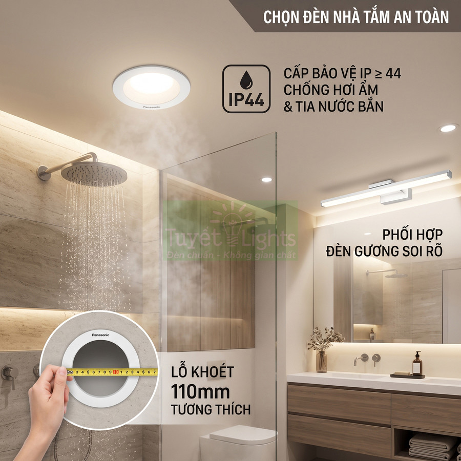 Đèn âm trần Panasonic chống ẩm IP44 lắp trong phòng tắm hiện đại, kết hợp đèn gương soi rõ