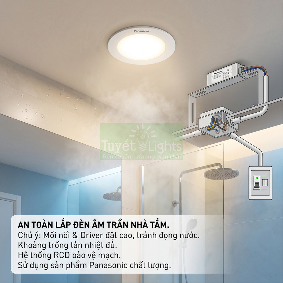 Đèn âm trần Panasonic lắp trong phòng tắm chống ẩm, kèm driver và hệ thống điện an toàn