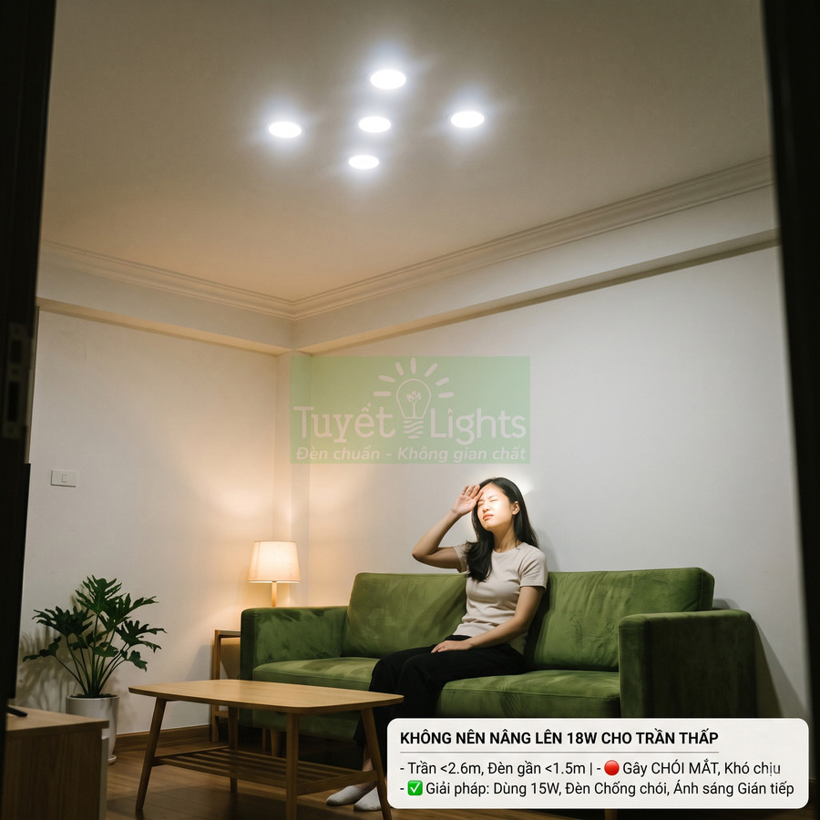 Đèn led âm trần Tuyết Lights chiếu sáng phòng khách trần thấp khiến người phụ nữ trên sofa bị chói mắt