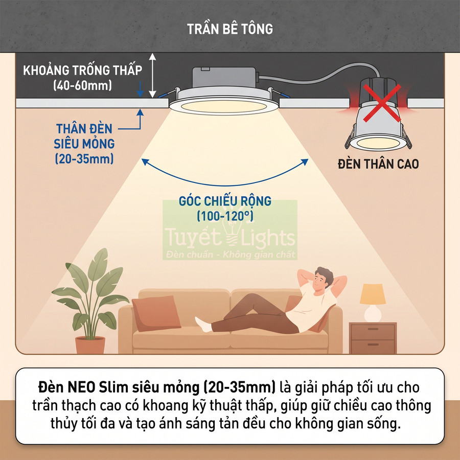 Đèn âm trần NEO Slim siêu mỏng Tuyết Lights chiếu sáng phòng khách trần bê tông góc rộng