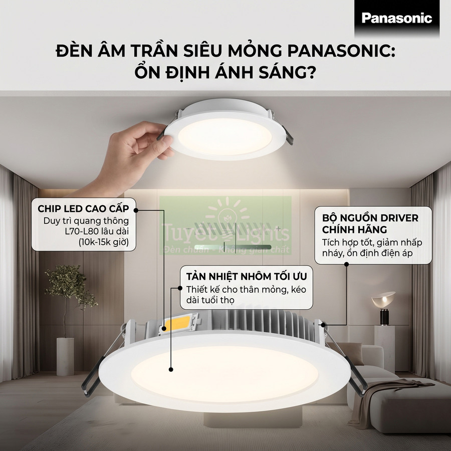 Đèn âm trần siêu mỏng Panasonic chip LED cao cấp, tản nhiệt nhôm tối ưu lắp trong phòng khách hiện đại