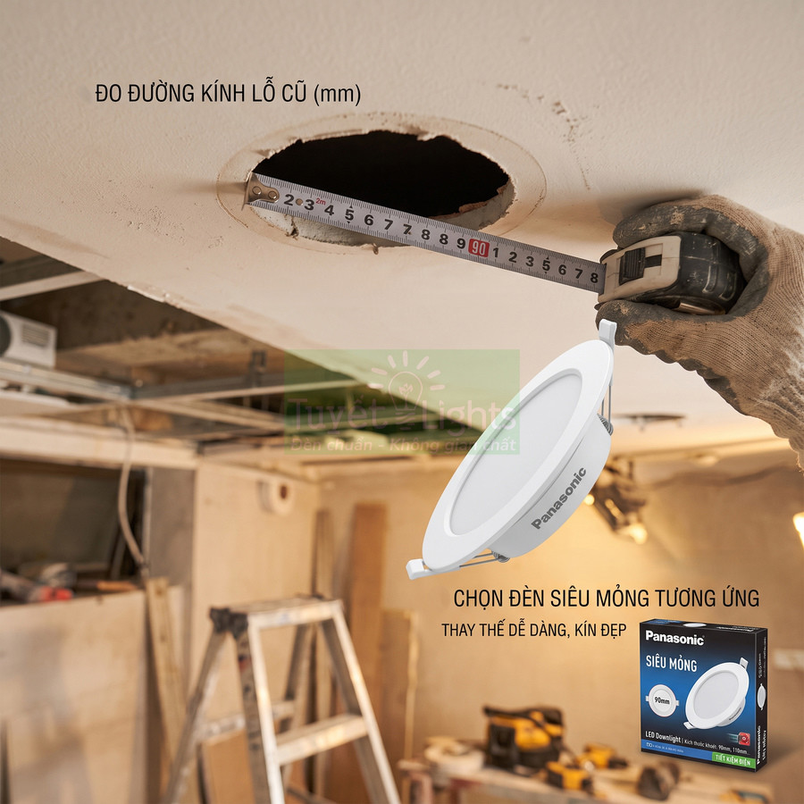 Đèn LED âm trần siêu mỏng Panasonic và hộp sản phẩm, đo kích thước lỗ trần để lắp đặt