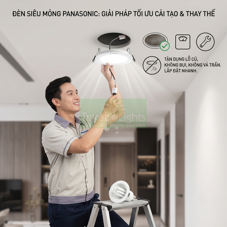 Kỹ thuật viên lắp đặt đèn âm trần siêu mỏng Panasonic trong phòng khách hiện đại