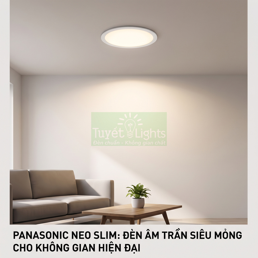 Đèn âm trần Panasonic Neo Slim siêu mỏng chiếu sáng phòng khách hiện đại với sofa và bàn gỗ