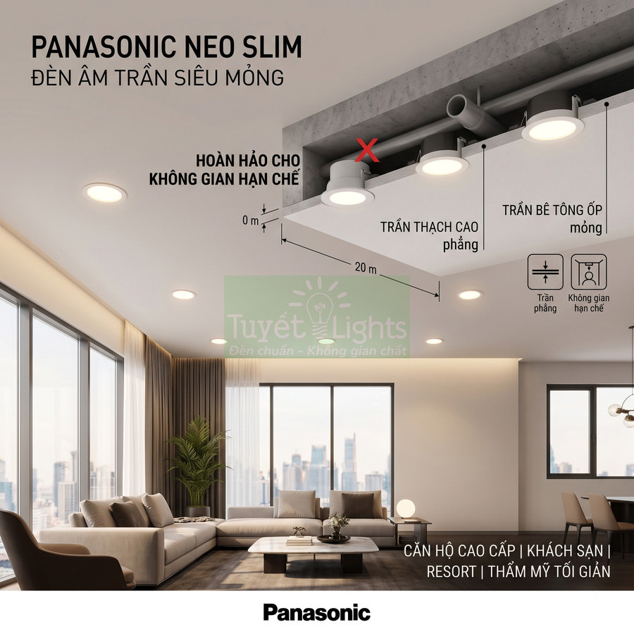 Đèn âm trần siêu mỏng Panasonic Neo Slim lắp đặt trong phòng khách hiện đại, trần phẳng, ánh sáng dịu