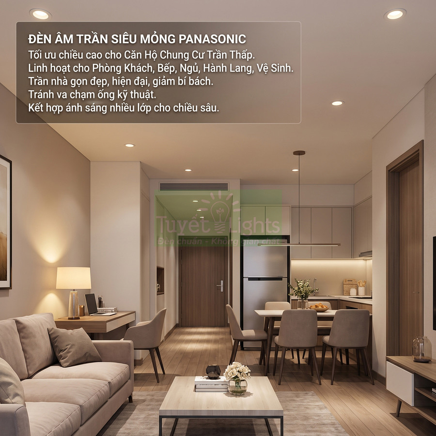 Đèn âm trần siêu mỏng Panasonic lắp trong căn hộ hiện đại với phòng khách liền bếp sáng ấm